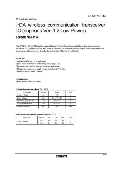 ROHM RPM870-H14 Photo Link Module Datasheet - cover page