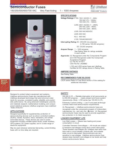Littelfuse Semiconductor Fuses 150/250/500/600/700 VAC Product Data Sheet - cover page
