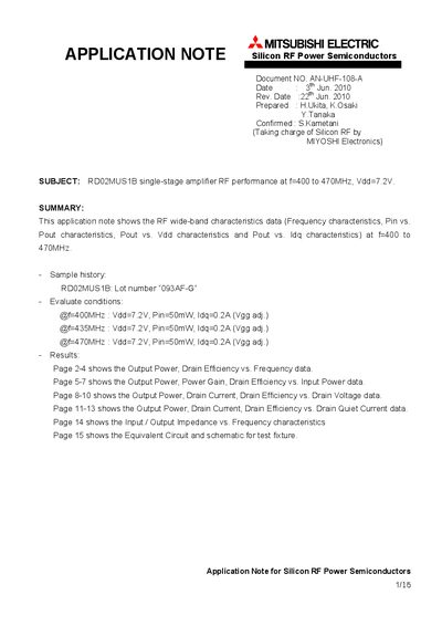 Mitsubishi Electric RDO2MUS1B Application Note AN-UHF-108-A - cover page