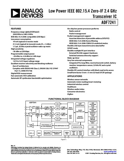 Analog Devices ADF7241 Transceiver IC Datasheet - cover page