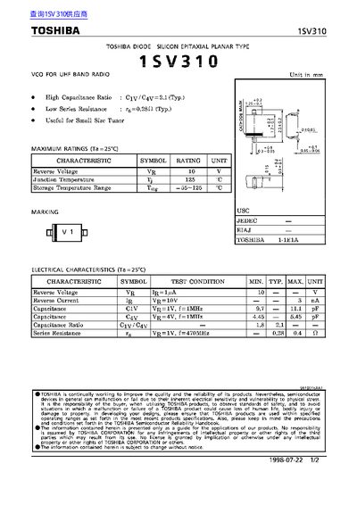Toshiba 1SV310 Silicon Diode Datasheet - cover page