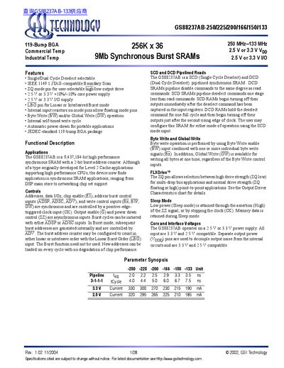 GSI TECHNOLOGY GS88237AB-250/225/200/166/150/133 256K x 36 9Mb Synchronous Burst SRAMs - cover page