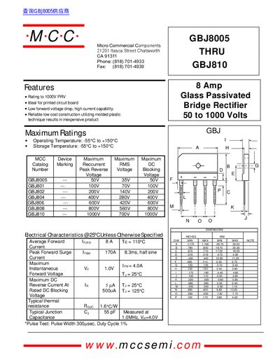 MCC GBJ8005-GBJ810 Rectifier Datasheet - cover page