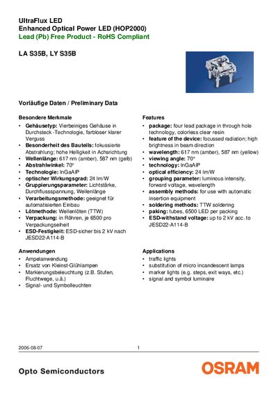 OSRAM SYLVANIA - LA S35B LY S35B UltraFlux LED Enhanced Optical Power LED (HOP2000) Lead (Pb) Free Product - RoHS Compliant handbook - cover page