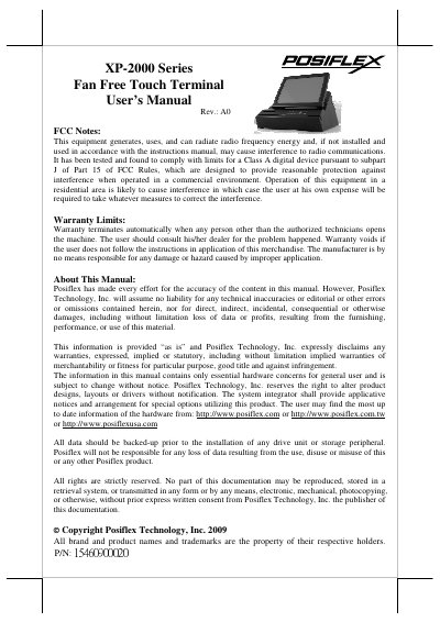 POSIFLEX XP-2000 Series Fan Free Touch Terminal User Manual Rev.: A0 - cover page