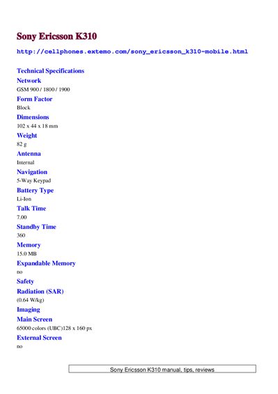 Sony Ericsson K310 Product Specification Sheet - cover page