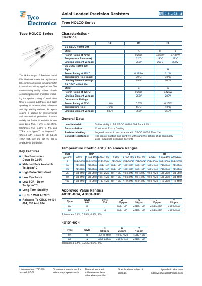 Tyco Electronics HOLCO Series Axial Leaded Precision Resistors Datasheet - cover page