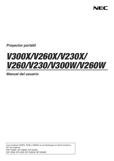 NEC V300X/V260X/V230X/V260/V230/V300W/V260W Portable Projector User Manual - cover page