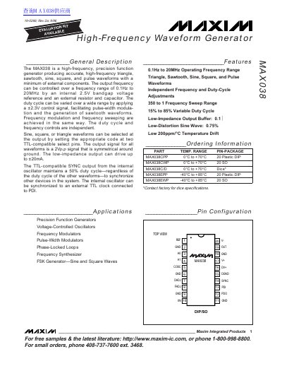 Maxim Integrated MAX038 High-Frequency Function Generator Datasheet - cover page