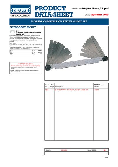 Draper 18 Blade Combination Feeler Gauge Set Datasheet - cover page