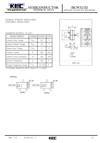 KEC BCW31/32 Epitaxial Planar NPN Transistor Datasheet - cover page