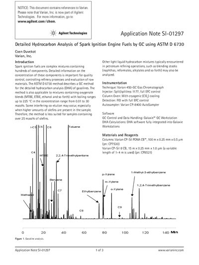 Agilent Application Note SI-01297 Detailed Hydrocarbon Analysis of Spark Ignition Engine Fuels by GC using ASTM D 6730 - cover page
