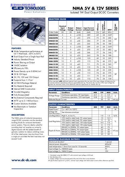 C&D Technologies NMA 5V & 12V Series Isolated Dual Output DC-DC Converters Datasheet - cover page