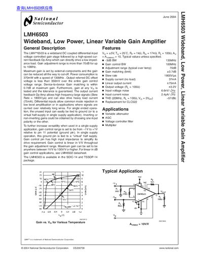 National Semiconductor LMH6503 Wideband Low Power Linear Variable Gain Amplifier Datasheet - cover page