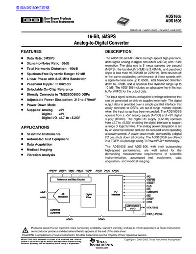 Texas Instruments ADS1605/ADS1606 16-Bit Analog-to-Digital Converter Datasheet - cover page