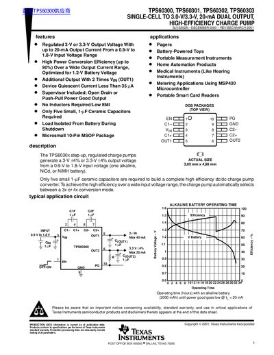 TEXAS INSTRUMENTS TPS60300 TPS60301 TPS60302 TPS60303 SINGLE-CELL TO 3.0-V/3.3-V 20-mA DUAL OUTPUT HIGH-EFFICIENCY CHARGE PUMP handbook - cover page