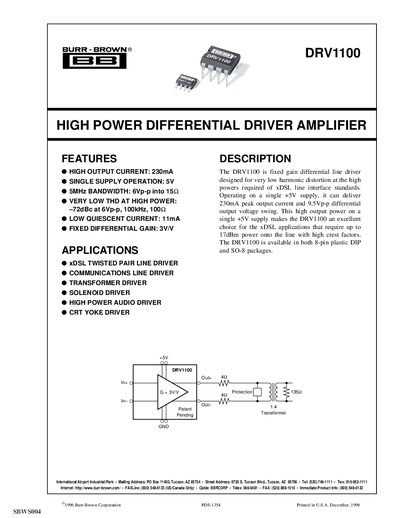 Texas Instruments DRV1100 Differential Driver Amplifier Datasheet - cover page