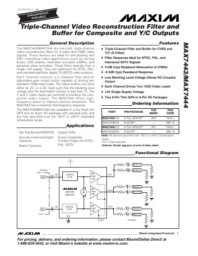 Maxim MAX7443/MAX7444 Video Reconstruction Filter and Buffer Datasheet - cover page