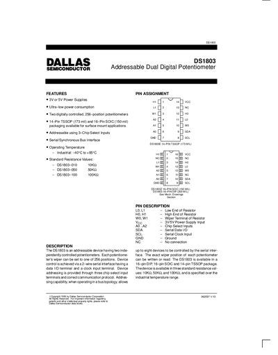 Dallas Semiconductor DS1803 Addressable Dual Digital Potentiometer Datasheet - cover page
