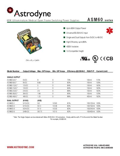 Astrodyne ASM60 Series 60W Ultraminiature Medical Open Frame Switching Power Supply Datasheet