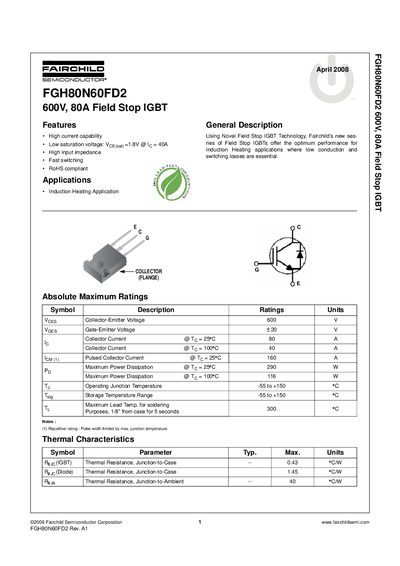 Fairchild FGH80N60FD2 IGBT Datasheet - cover page