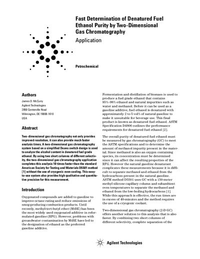 Agilent 6890N Fast Determination of Denatured Fuel Ethanol Purity by Two-Dimensional Gas Chromatography Application Note - cover page