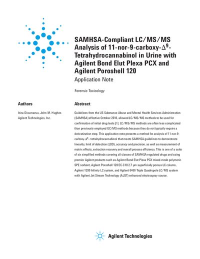 Agilent SAMHSA-Compliant LC/MS/MS Analysis of 11-nor-9-carboxy-D9-Tetrahydrocannabinol in Urine with Agilent Bond Elut Plexa PCX Agilent Poroshell 120 Manual - cover page