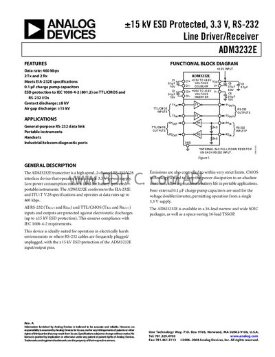 Analog Devices ADM3232E RS-232 Line Driver/Receiver Datasheet - cover page