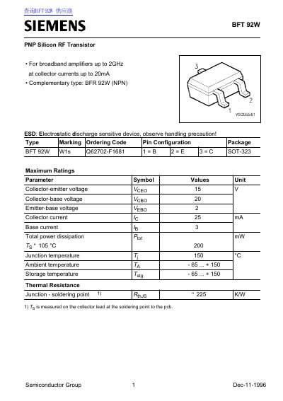 Siemens BFT 92W PNP Silicon RF Transistor Datasheet - cover page