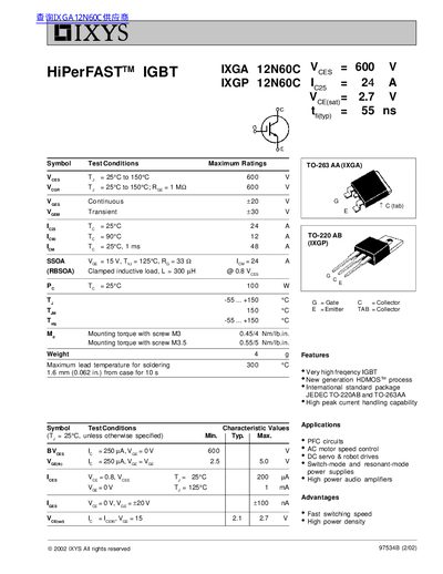 IXYS IXGA12N60C / IXGP12N60C IGBT Data Sheet - cover page