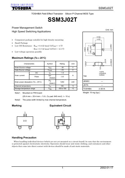 Toshiba SSM3J02T Power Management Switch Datasheet - cover page