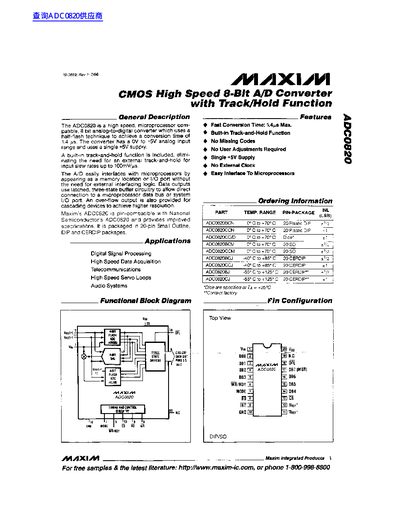 Maxim Integrated Products ADC0820 CMOS High Speed 8-Bit A/D Converter Datasheet - cover page