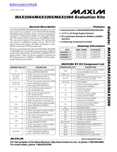 Maxim MAX2264/MAX2265/MAX2266 Evaluation Kits Data Sheet - cover page