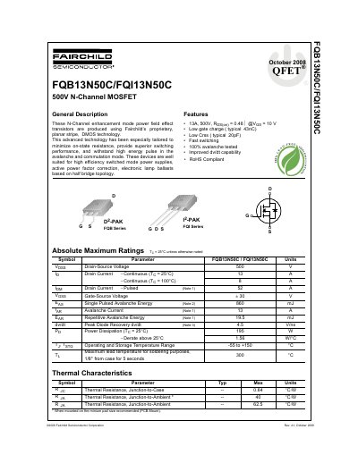 Fairchild FQB13N50C/FQI13N50C 500V N-Channel MOSFET Datasheet - cover page