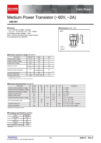 ROHM 2SB1561 Datasheet - cover page
