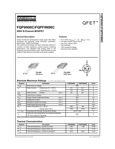 Fairchild Semiconductor FQP9N90C/FQPF9N90C 900V N-Channel MOSFET Datasheet