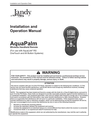 Jandy AquaPalm Wireless Handheld Remote User Manual - cover page