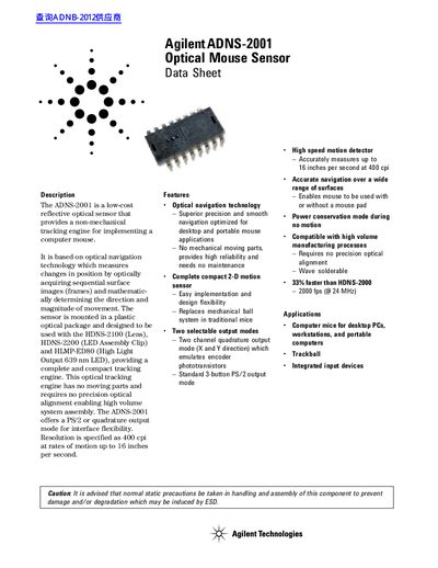 Agilent ADNS-2001 Optical Mouse Sensor Data Sheet - cover page