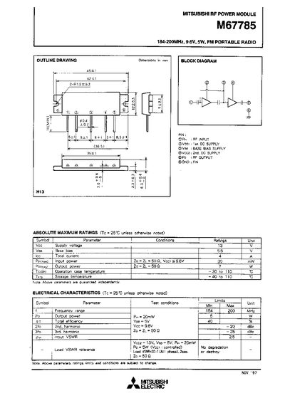 Mitsubishi Electric M67785 RF Power Module Datasheet - cover page