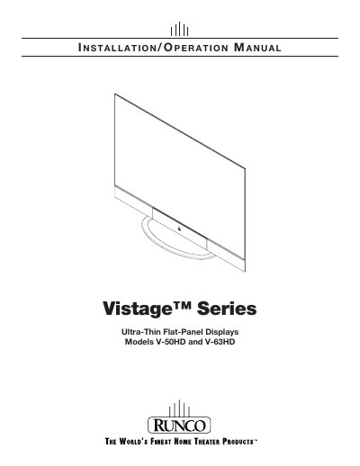 Runco Vistage Series V-50HD/V-63HD Installation and Operation Manual - cover page