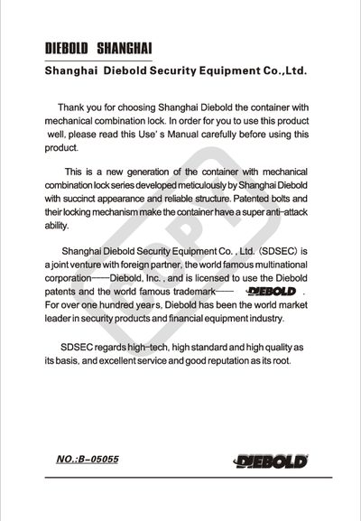 Diebold B-05055 Mechanical Combination Lock Container User Manual - cover page