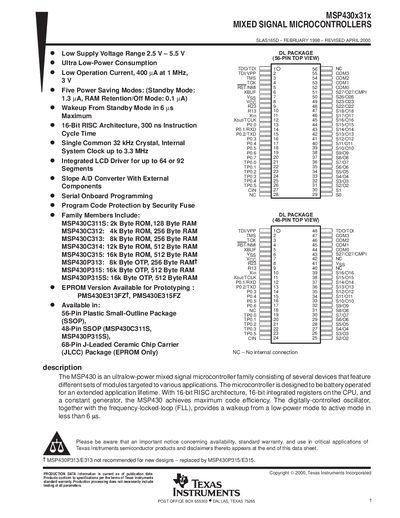 Texas Instruments MSP430x31x Mixed Signal Microcontrollers Datasheet - cover page