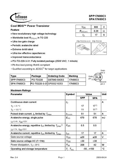 Infineon SPP17N80C3 / SPA17N80C3 Power MOSFET Datasheet