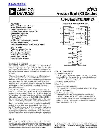 Analog Devices ADG431/ADG432/ADG433 Precision Quad SPST Switches Datasheet