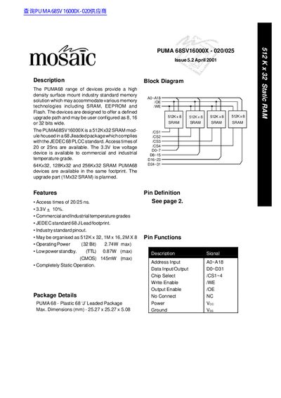 mosaic PUMA 68SV16000X - 020/025 Issue 5.2 April 2001 handbook - cover page