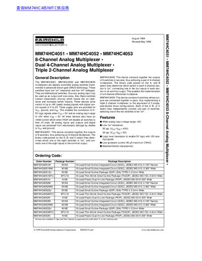 Fairchild MM74HC4051/MM74HC4052/MM74HC4053 Analog Multiplexer Datasheet - cover page