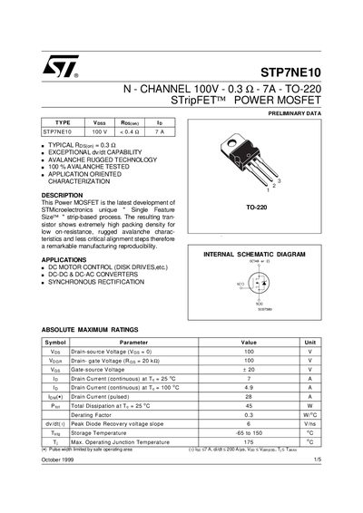 STMicroelectronics STP7NE10 Power MOSFET Datasheet