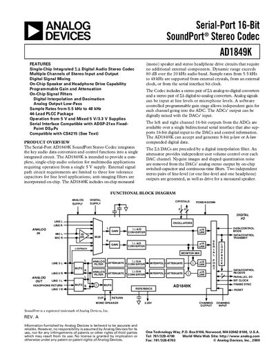 ANALOG DEVICES Serial-Port 16-Bit SoundPort Stereo Codec AD1849K handbook  - cover page