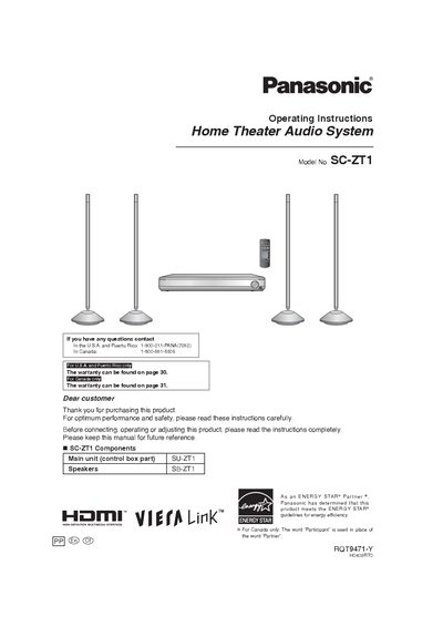 Panasonic SC-ZT1 Home Theater Audio System Operating Instructions - cover page