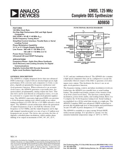 Analog Devices AD9850 DDS Signal Generator Datasheet - cover page